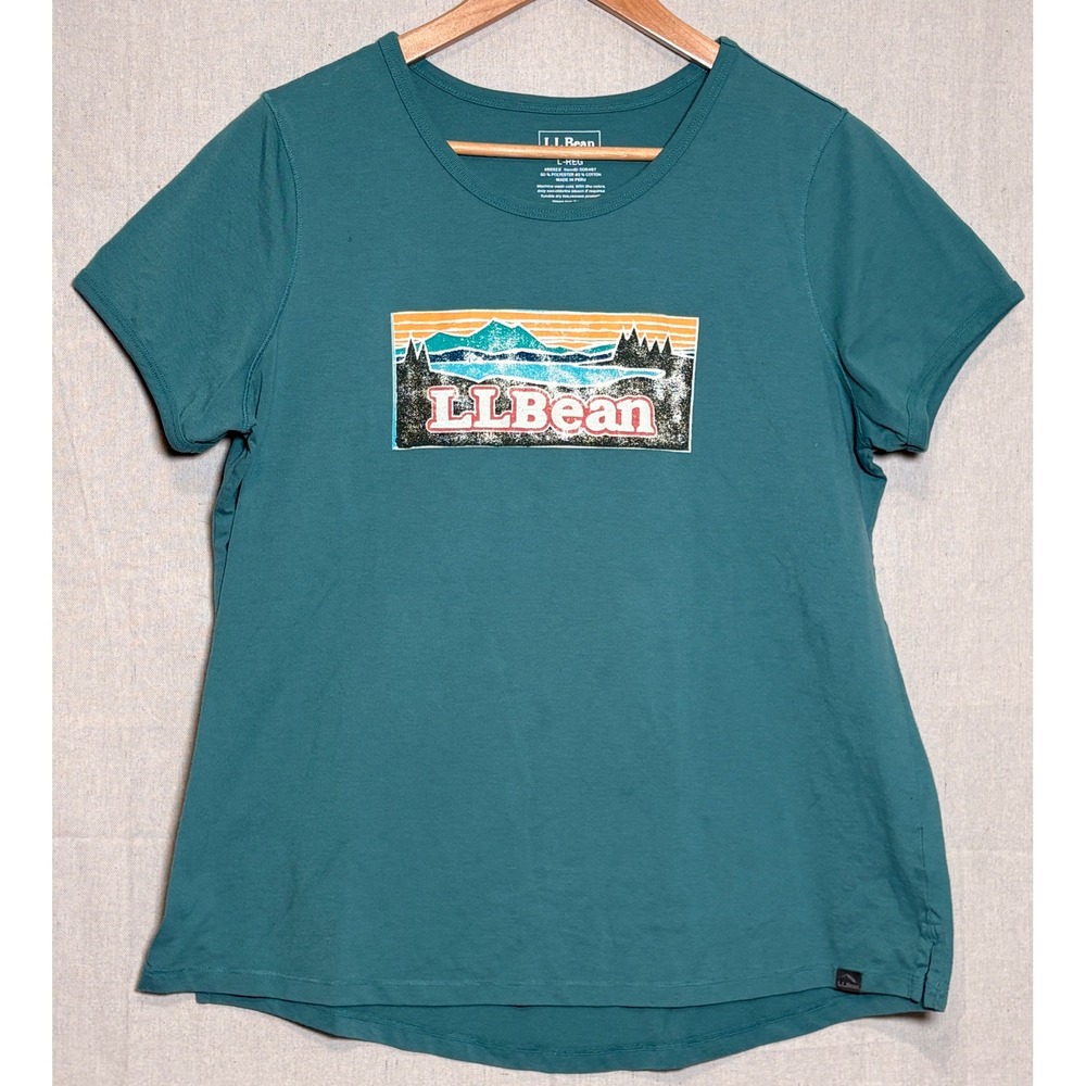 LL Bean Womens Large‎ Graphic Tee Teal Blue Mountain Lake Retro T-Shirt
